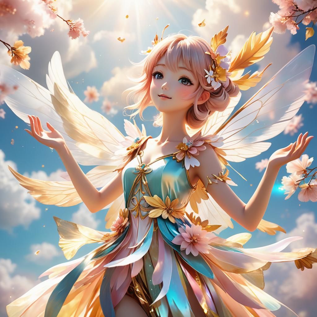 Anime Fairy with Flower Clothes in the Sky