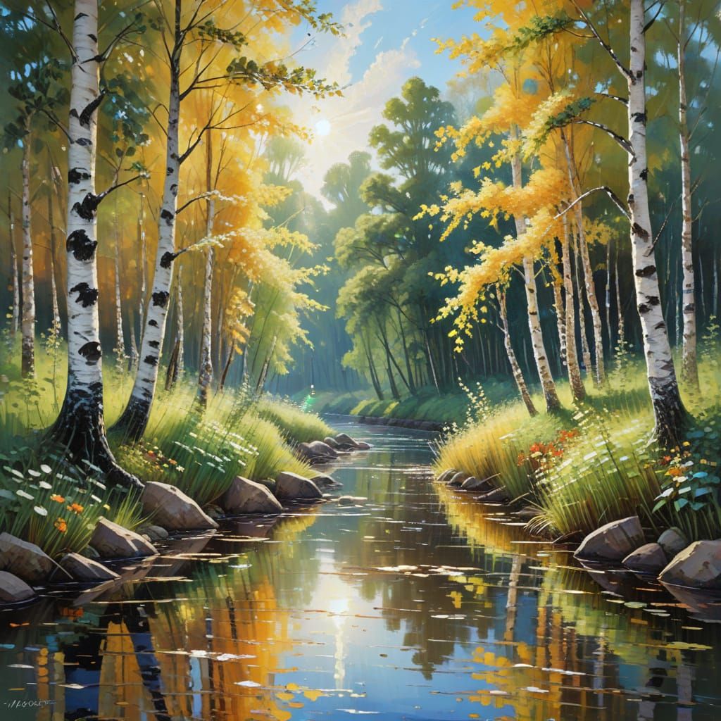 Serene River Landscape in Vibrant Oil Painting