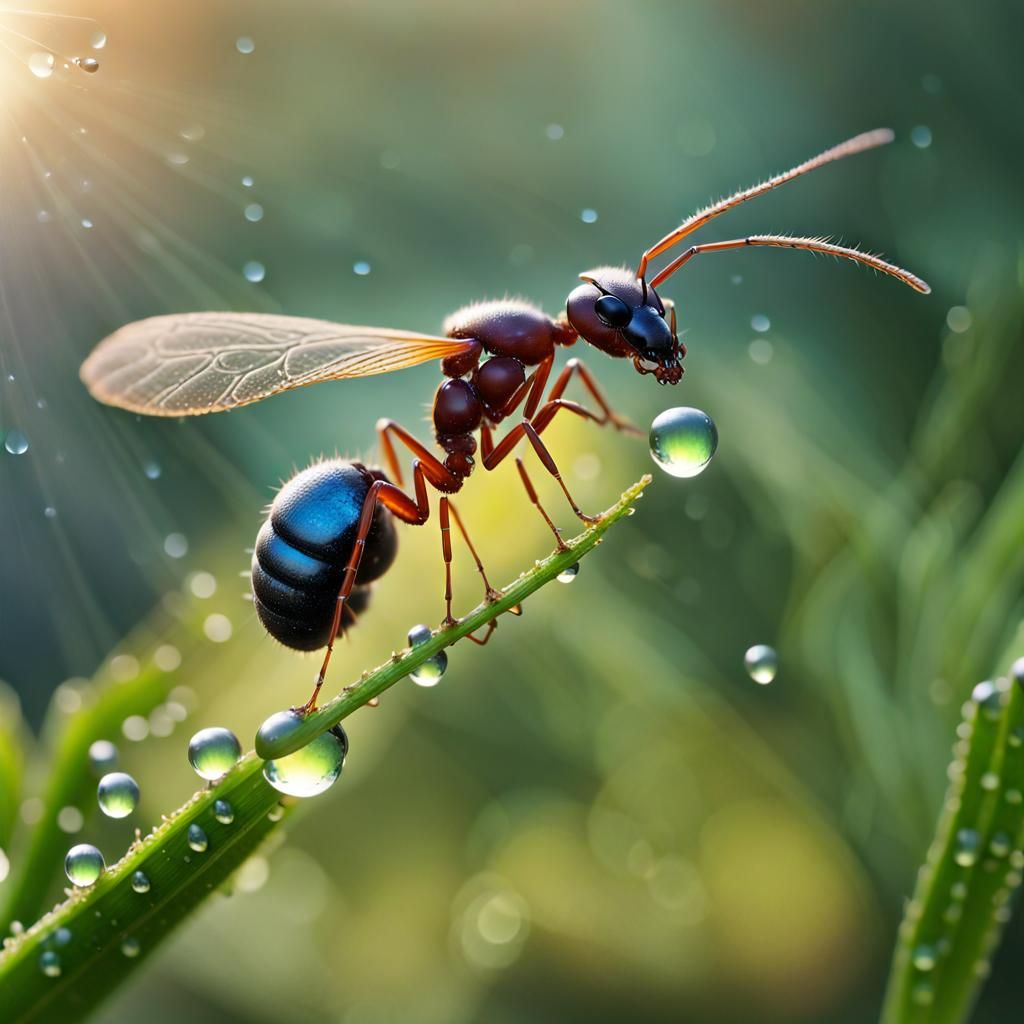 An ant with an image of an ant with butterfly wings flying t...