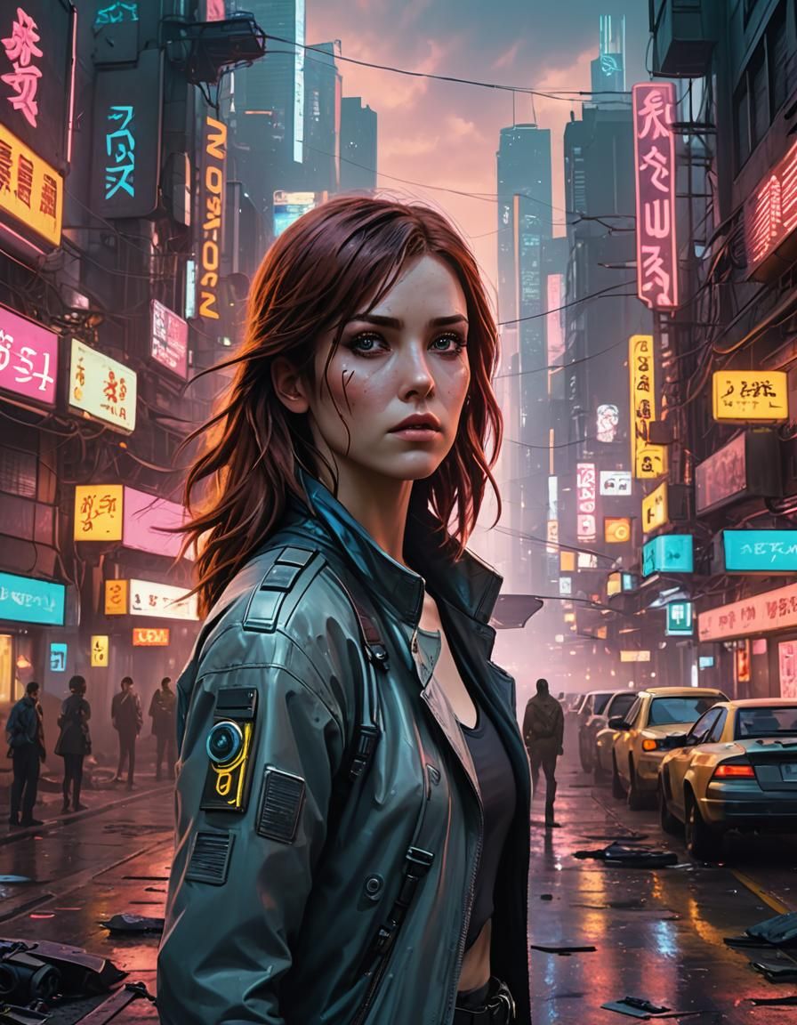 Cyberpunk Detective Investigates Crime Scene in Future City