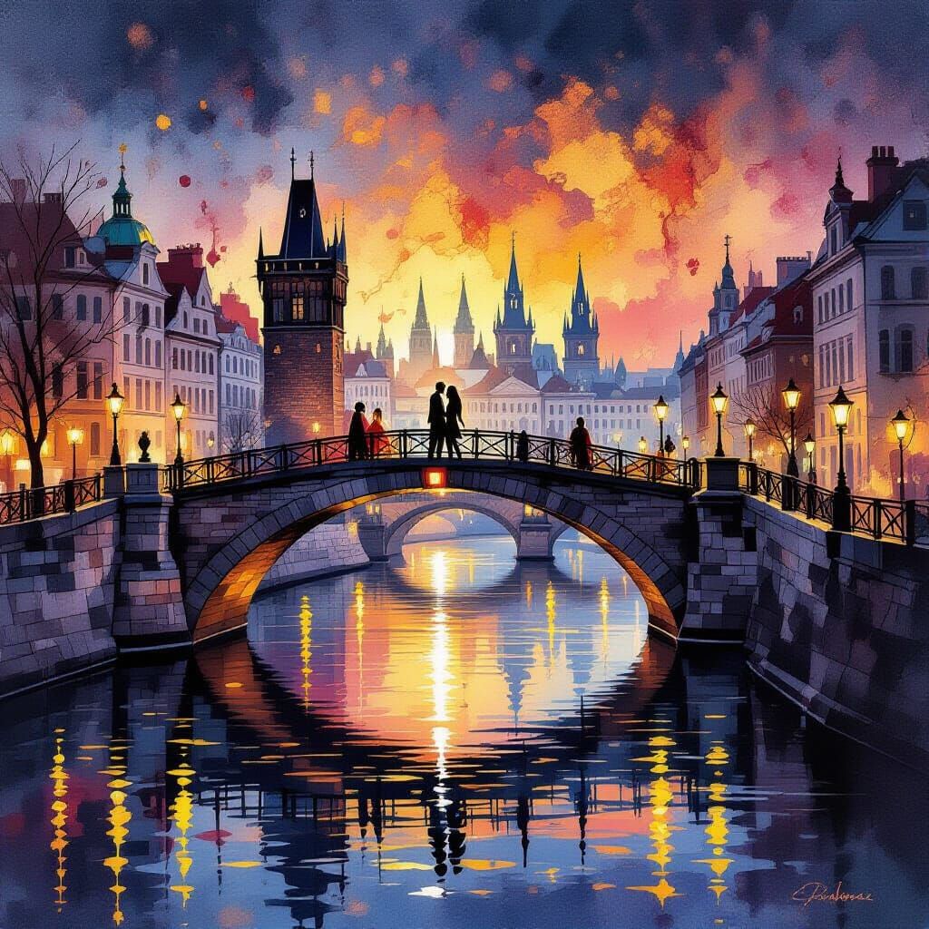 Romantic City Dusk Painting: Couple on Bridge