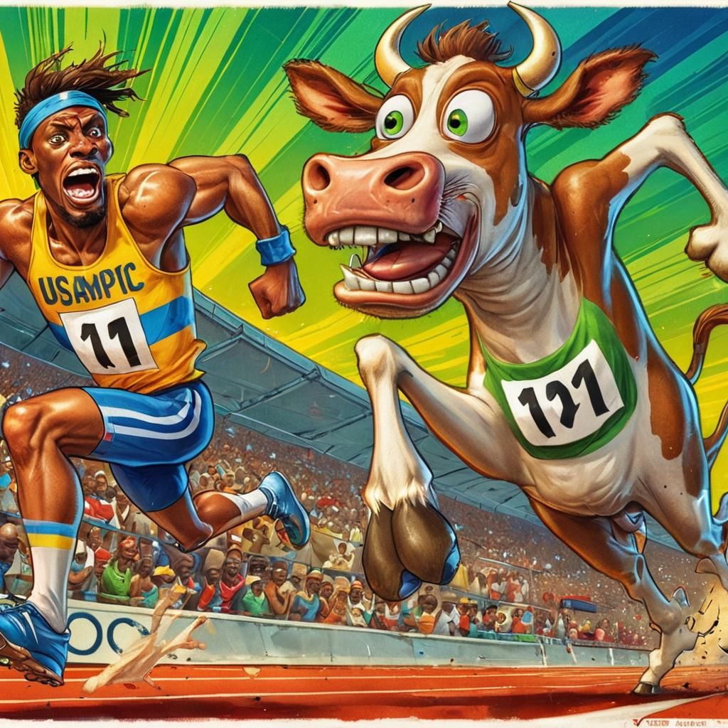 Humorous Race: Man Versus Cow Caricature
