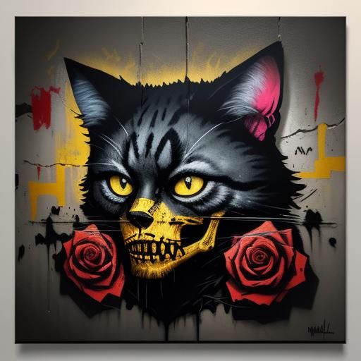 Graffiti Art Cat Skull with Roses and Gold