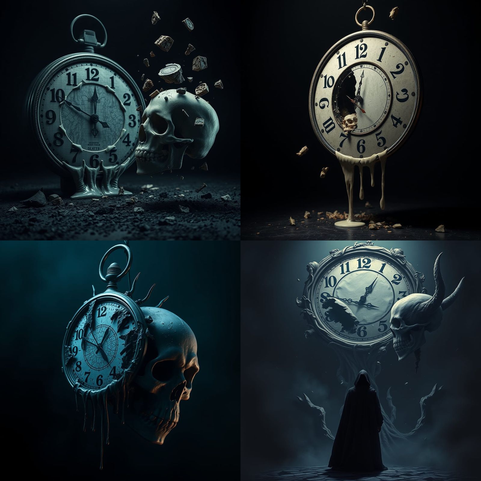 Melting Clock and Skull: Dark Fantasy Art