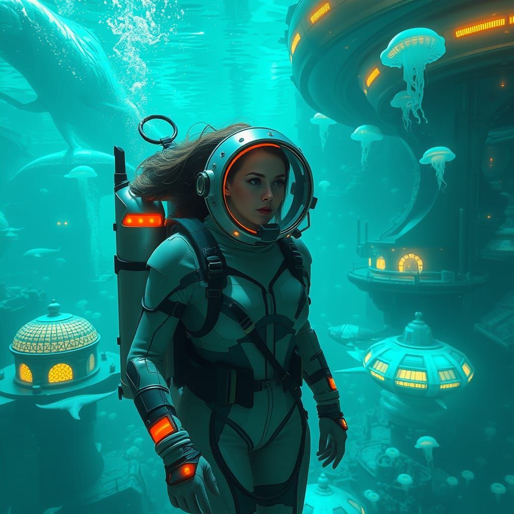 Underwater City with Bioluminescent Life in Futuristic Style