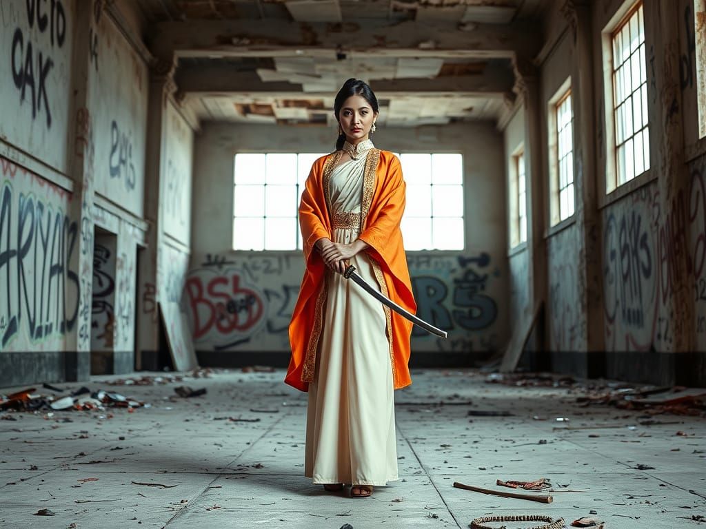 Asian Woman with Katana in Abandoned Room