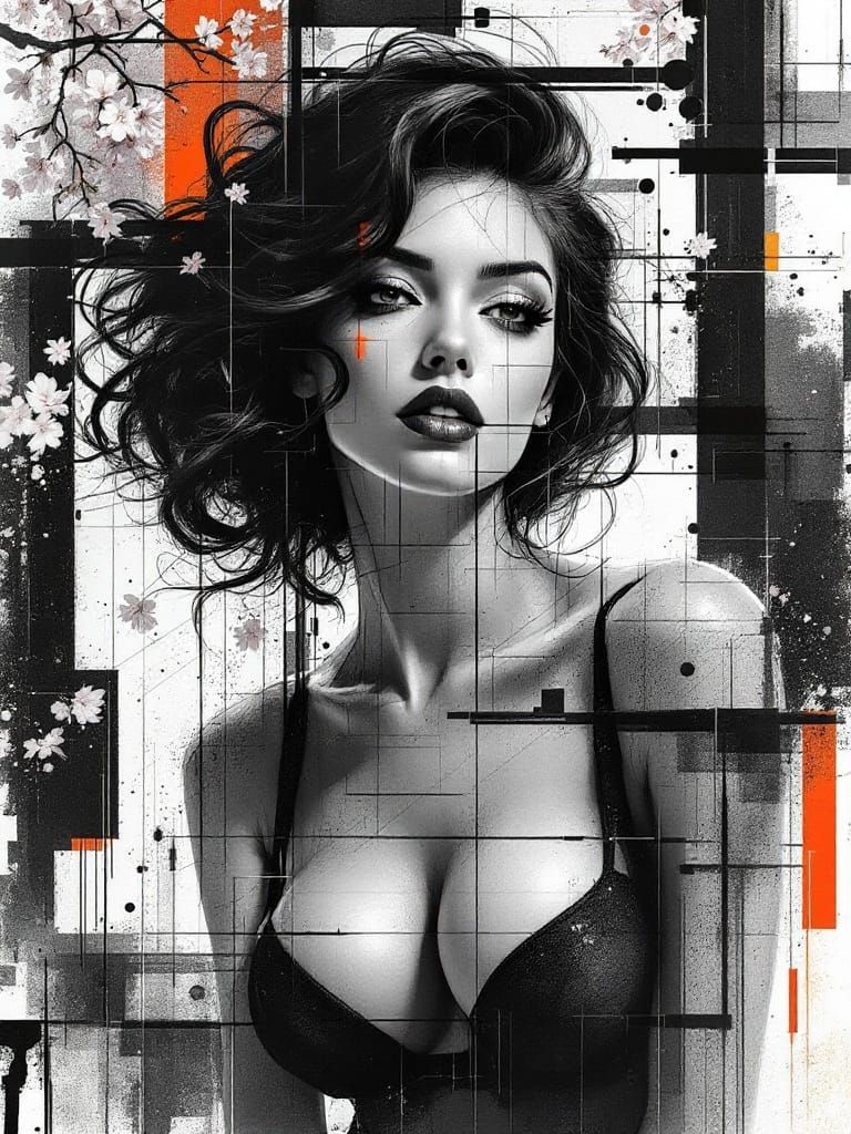 Geometric Pin-Up Goddess Among Cherry Blossoms