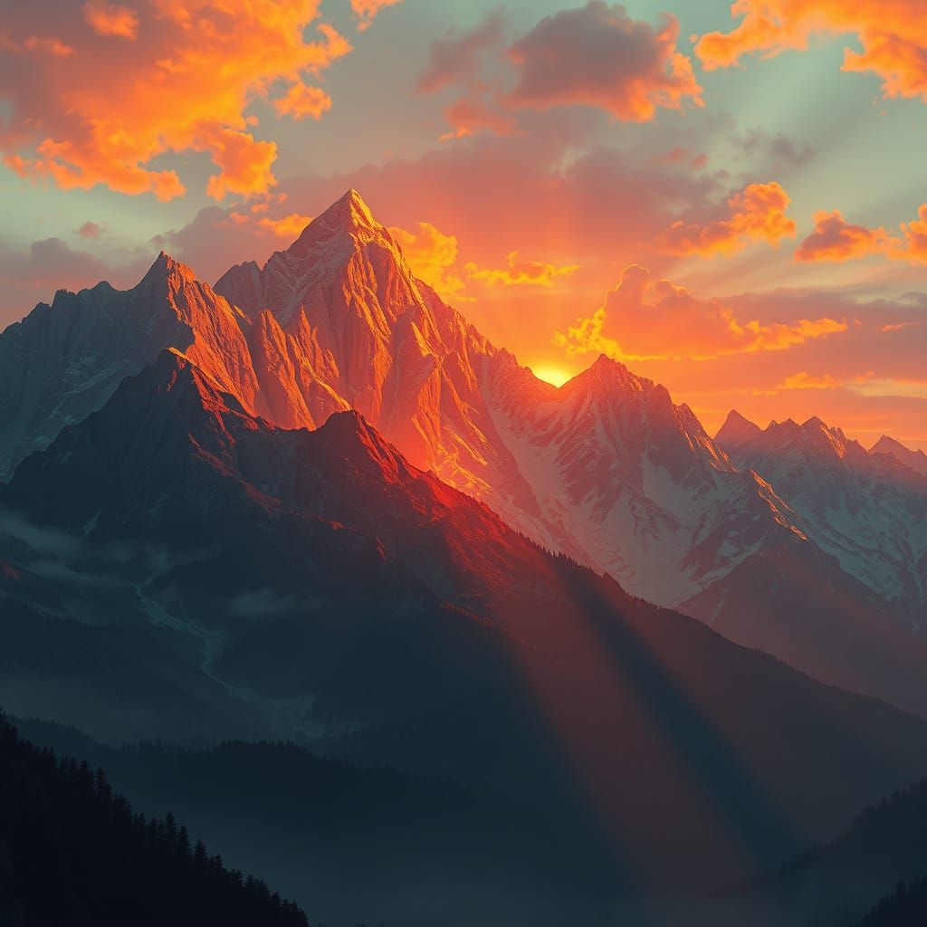 Glowing Mountains at Sunset in Vibrant Triadic Colors