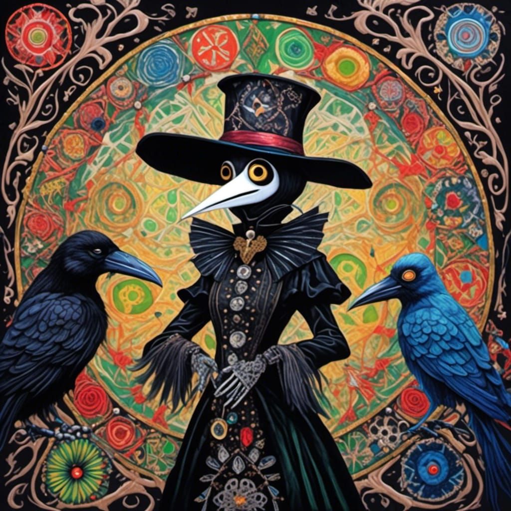 Plague Doctor with Raven in Whimsical Dark Art
