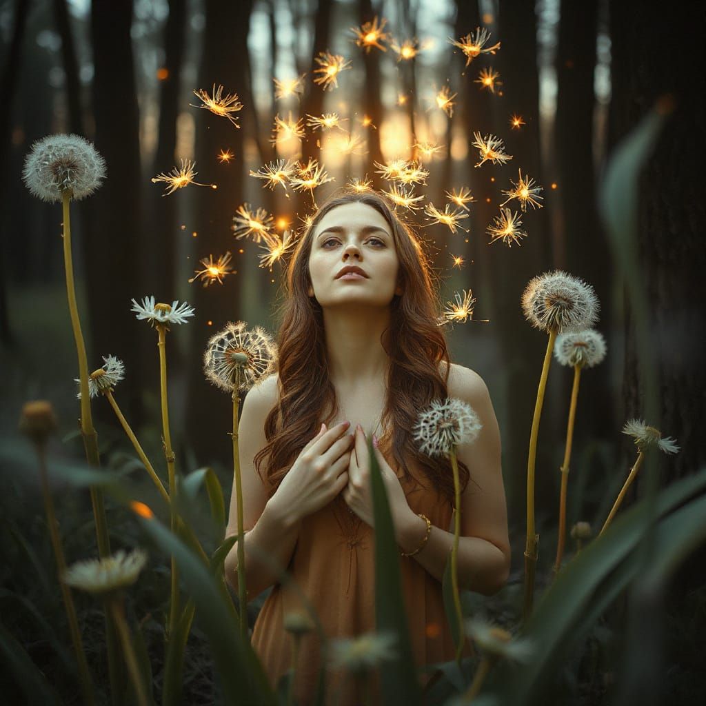 Mystical Woman and Dandelion Spirits in Dusk