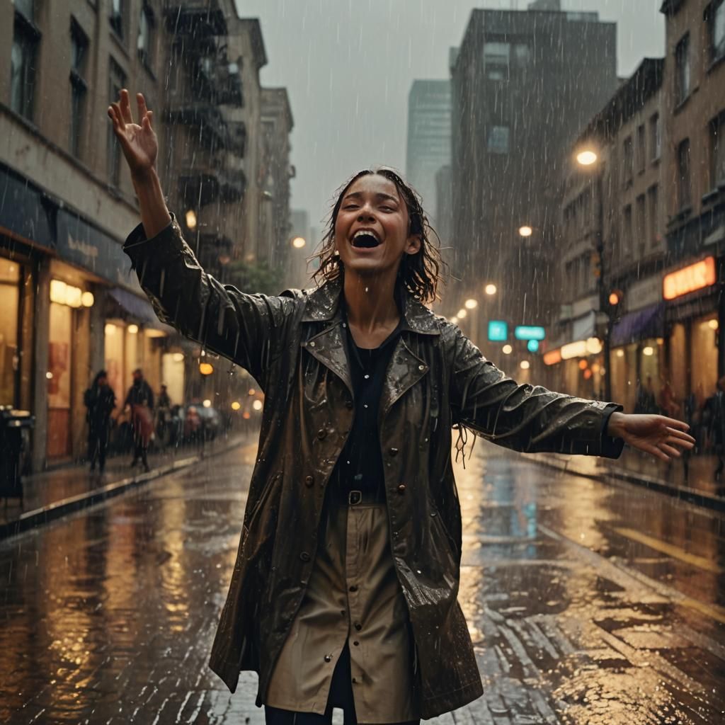 Person Singing in the Rain: Cinematic Film Still