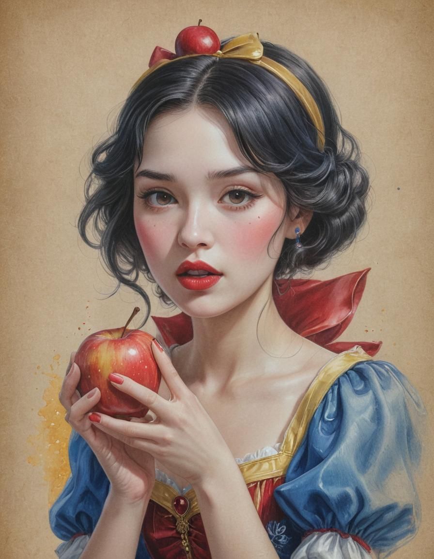 Snow White Bites Apple: Photorealistic Anime Sketch