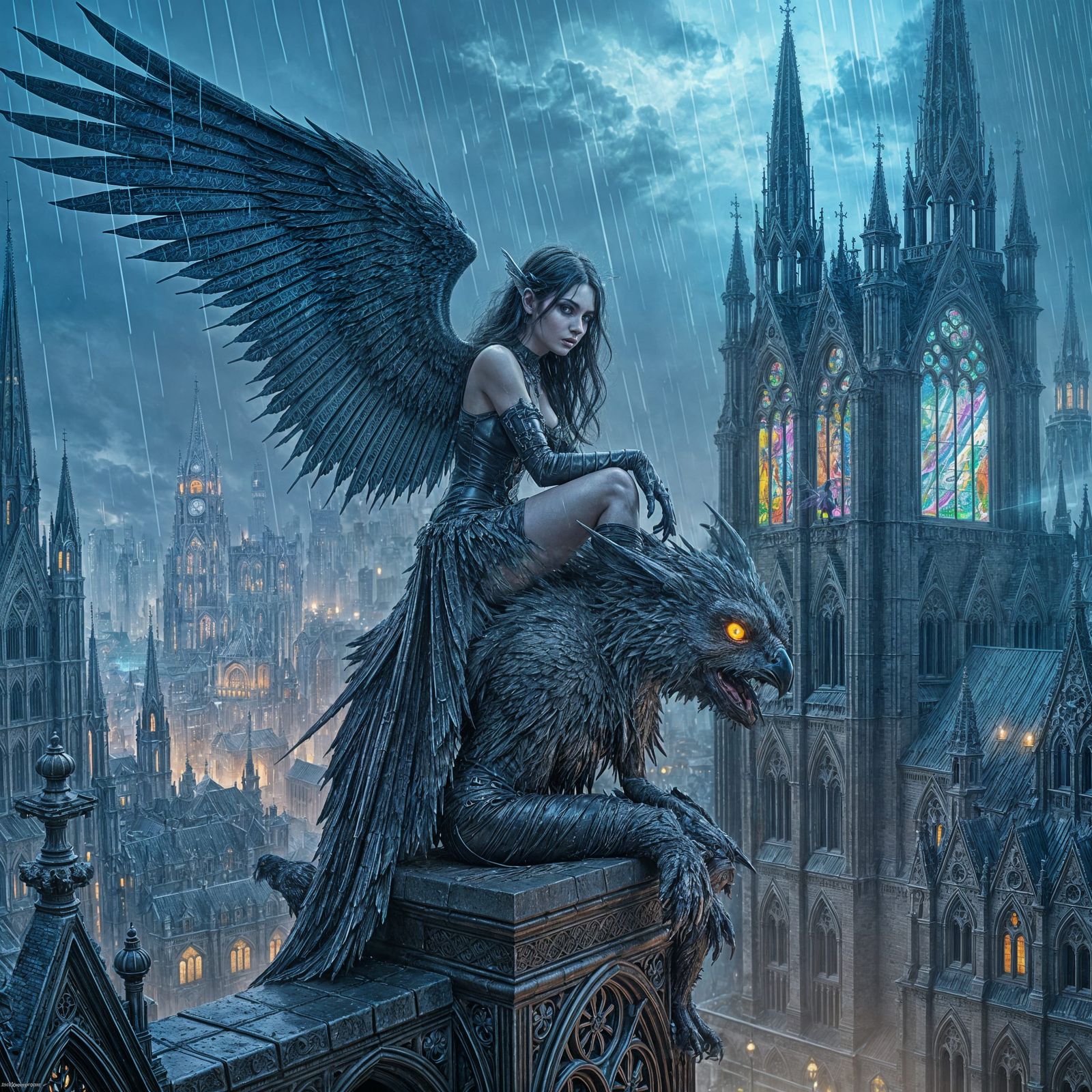Gothic Fairy Perched Above Cyberpunk City as Oil Painting