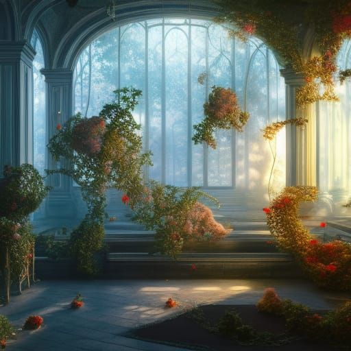 Moonlit Rose Gazebo with Fairy Lights in Art Nouveau Style