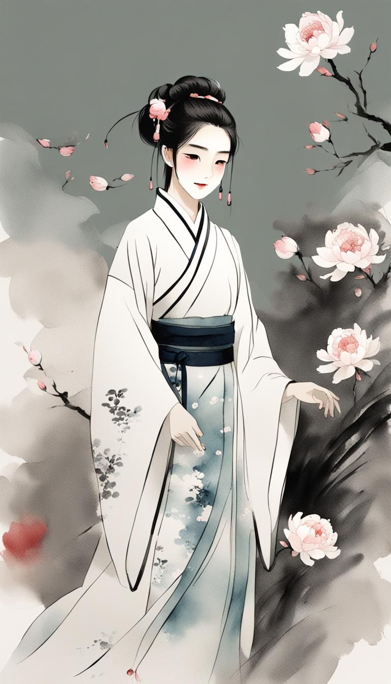 Minimalist Chinese Ink Painting of Girl in Hanfu