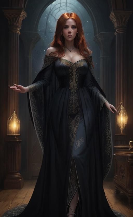 <lora:pretty woman:1.0> A regal woman with auburn hair, dres...