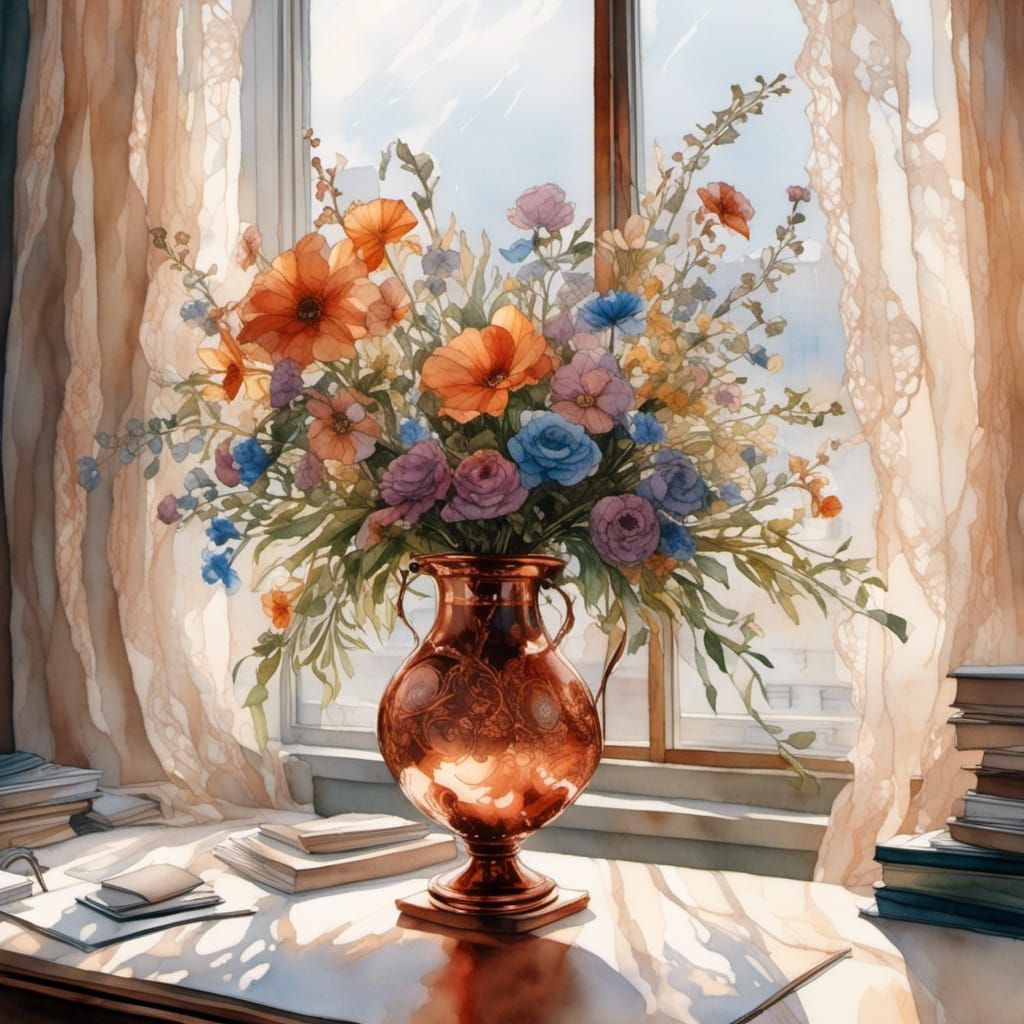 Glass Bouquet in Copper Vase Watercolor Painting