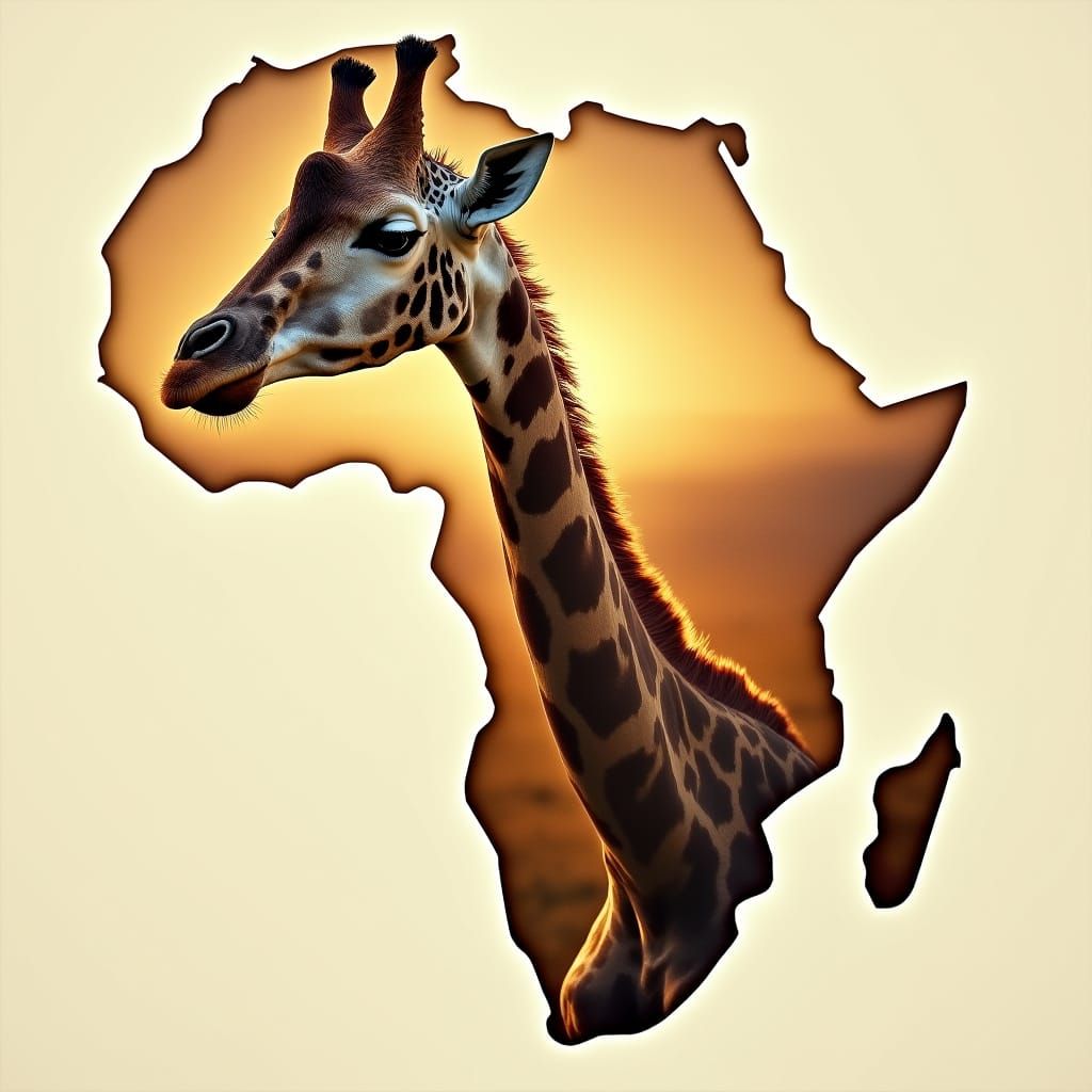 Realistic Giraffe Head Fills Africa Outline in Golden Hour L...