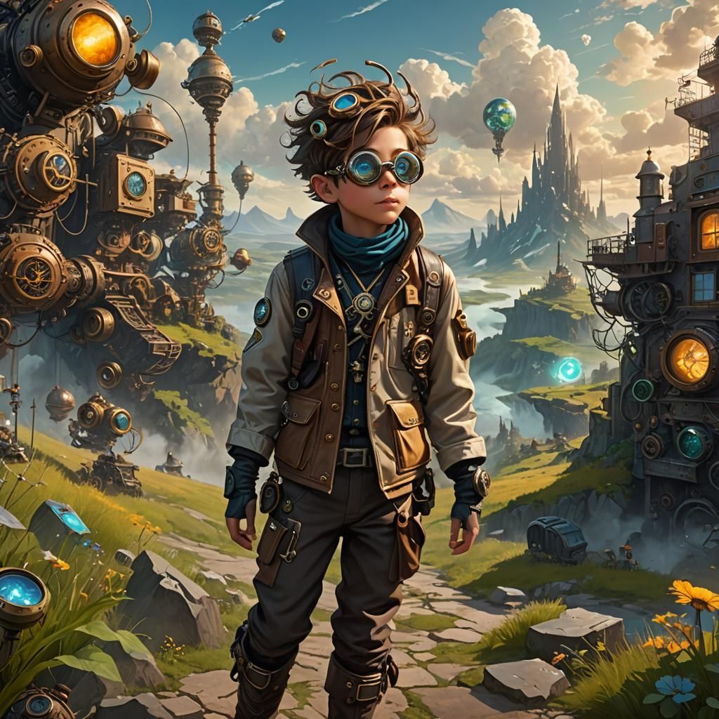Steampunk Boy in Surreal Bioluminescent Landscape