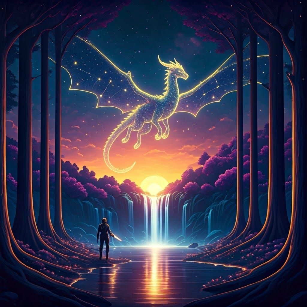 Stardust Dragon in Mystical Forest, Dark Fantasy Art