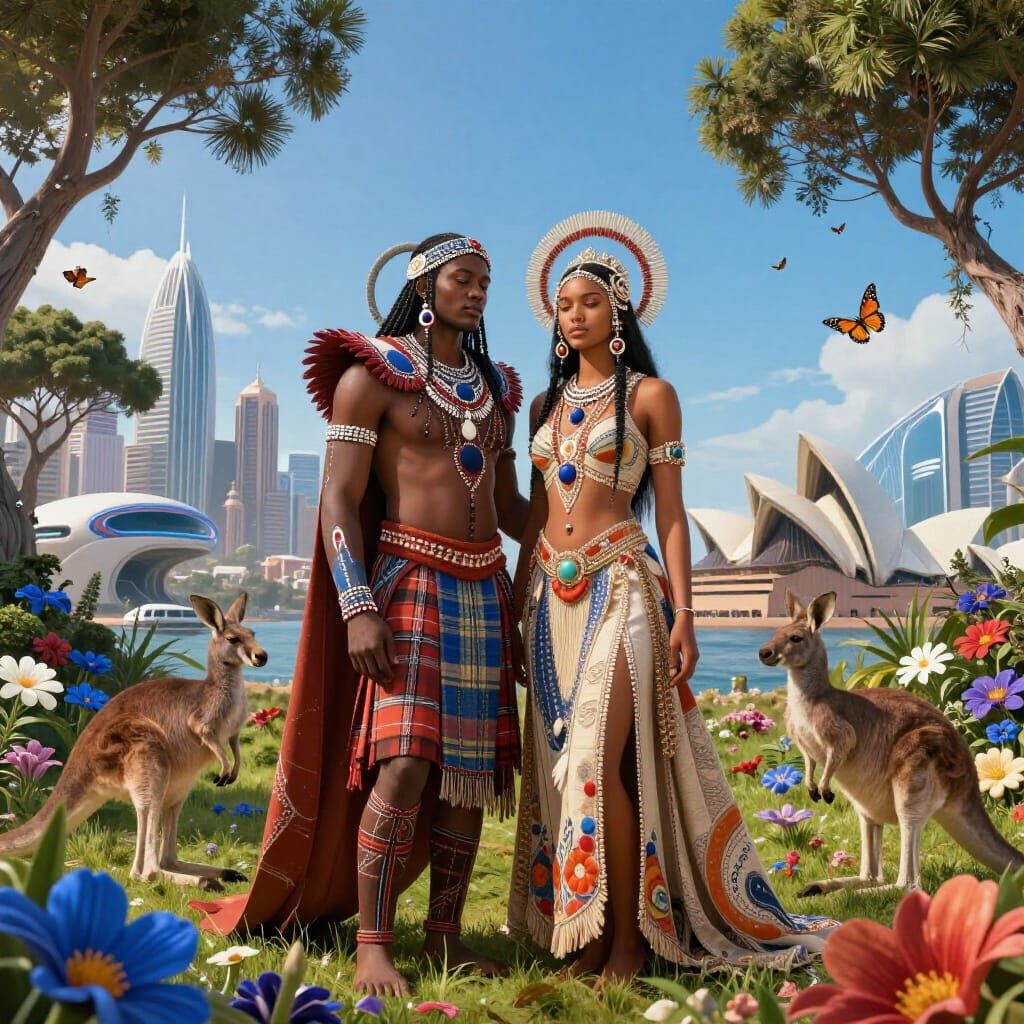 Elegant Aboriginal Couple in Futuristic Sydney