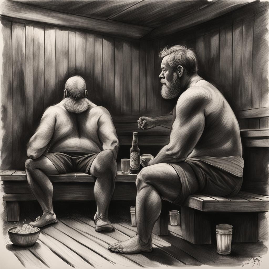 Hyperdetailed Charcoal Drawing of Men in Sauna