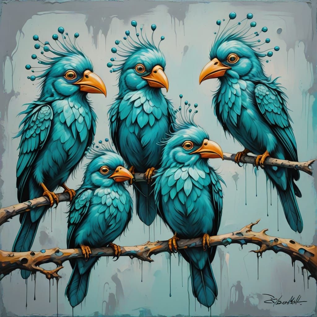 Turquoise Cartoon Birds in Surrealist Style