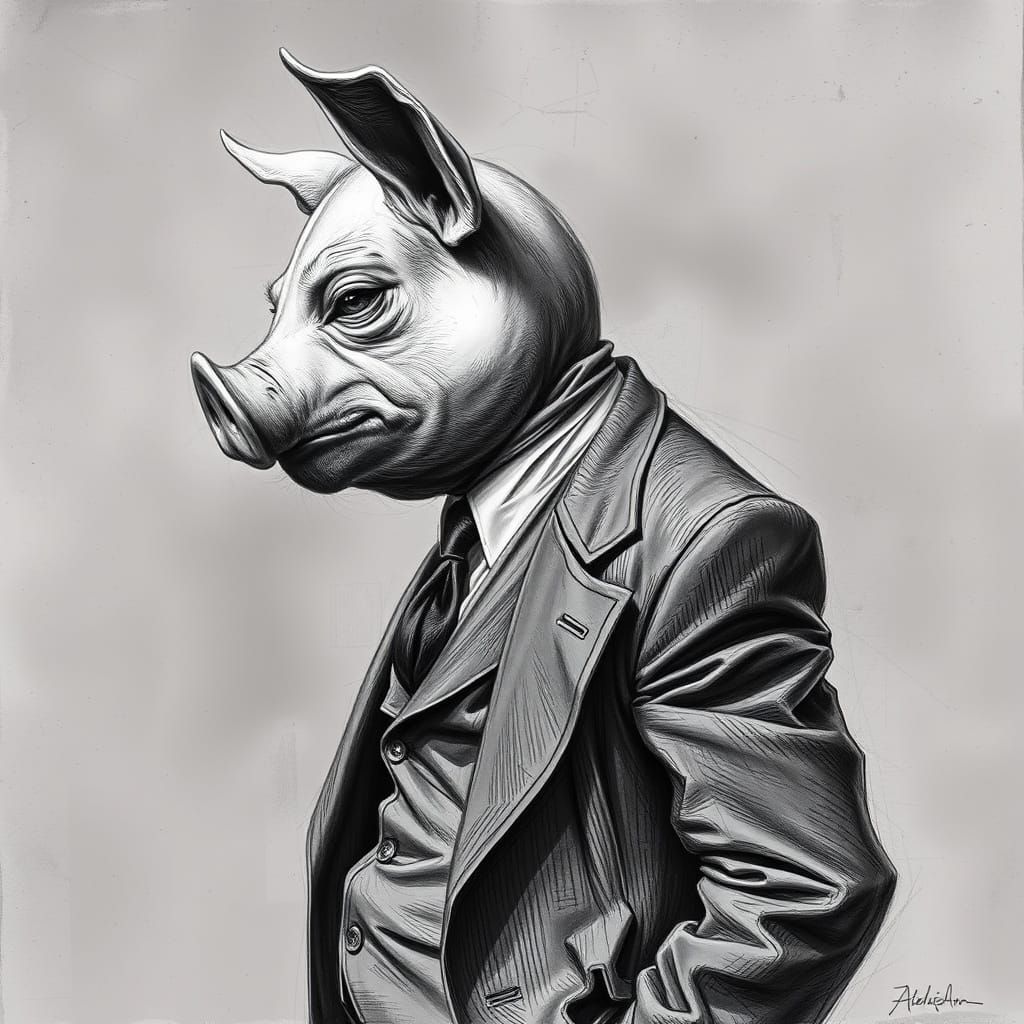 Pudgy Man in Charcoal Drawing Style