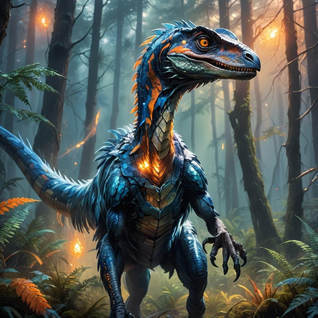 Velociraptor Grasps Glowing Crystal in Misty Forest