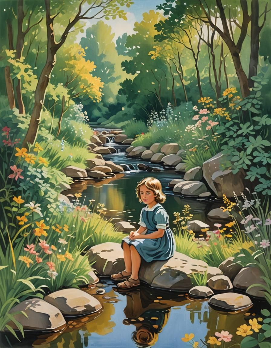 Girl by Stream: Gouache Illustration in Impressionist Style