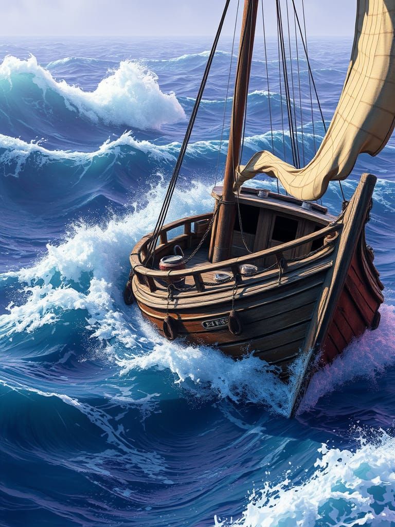 Weathered Fishing Vessel Tossed by Turbulent Waves in Vibran...