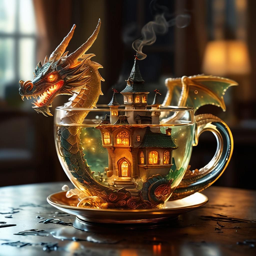 Dragon Teacup with Fairy Tale Castle. Hyperrealistic Concept...