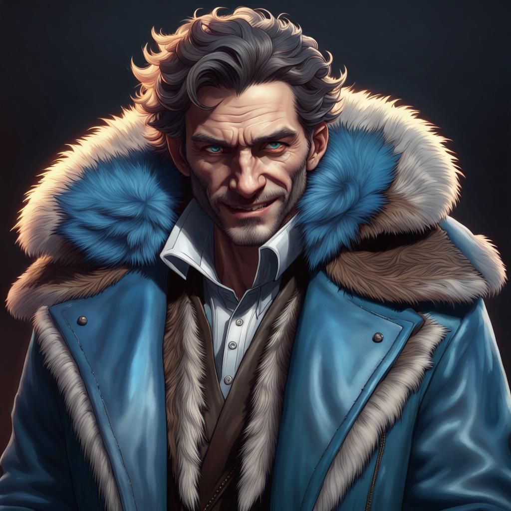 Dramatic Sociopath with Crooked Smile in Fur Jacket