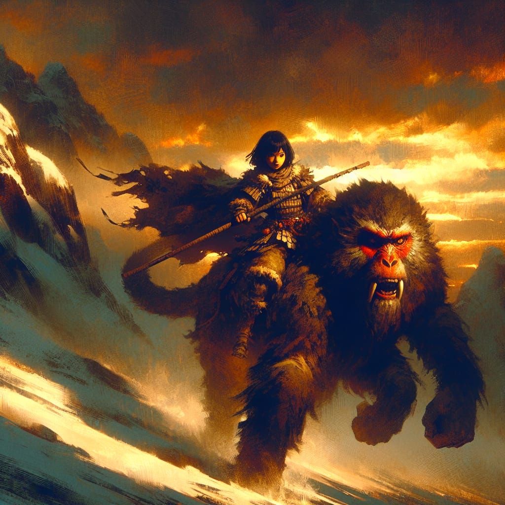 Epic Fantasy: Warrior and Macaque on Snowy Mountain