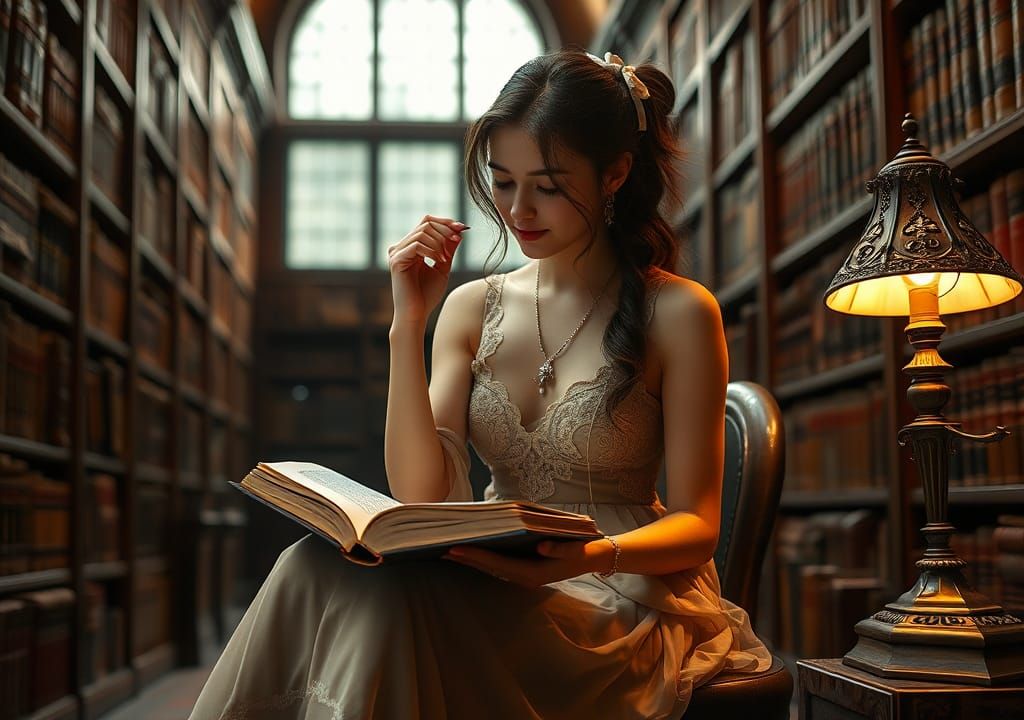 Elegant Student Reading in Antique Library
