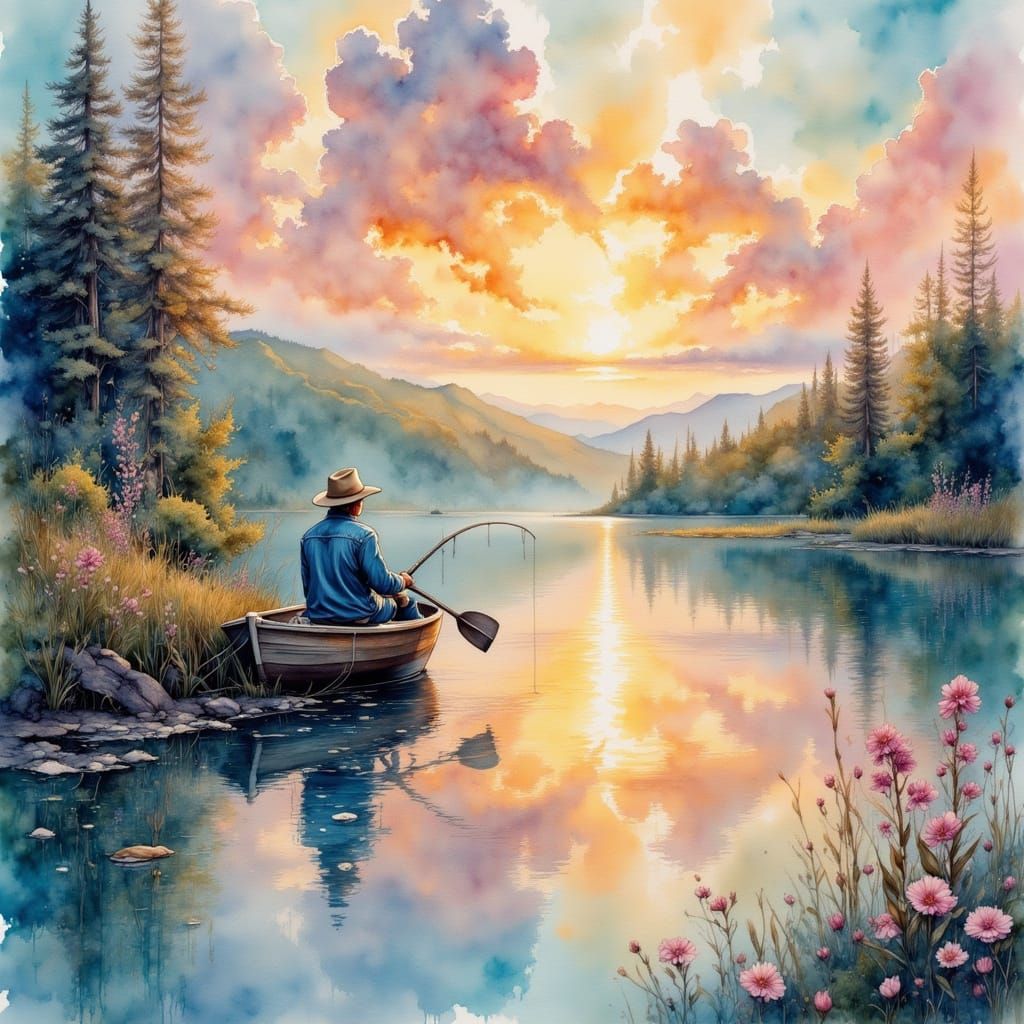 Peaceful Fisherman in a Serene Watercolor Landscape