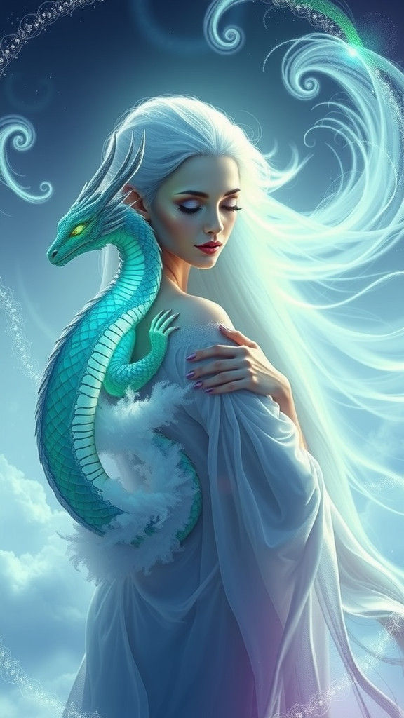 Luminous Cloud Elven Woman with Dragon in the Sky