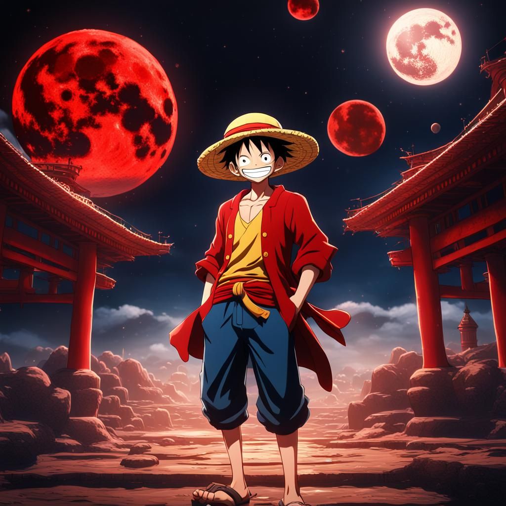 Luffy's Smiling Face in Red Moon Environment