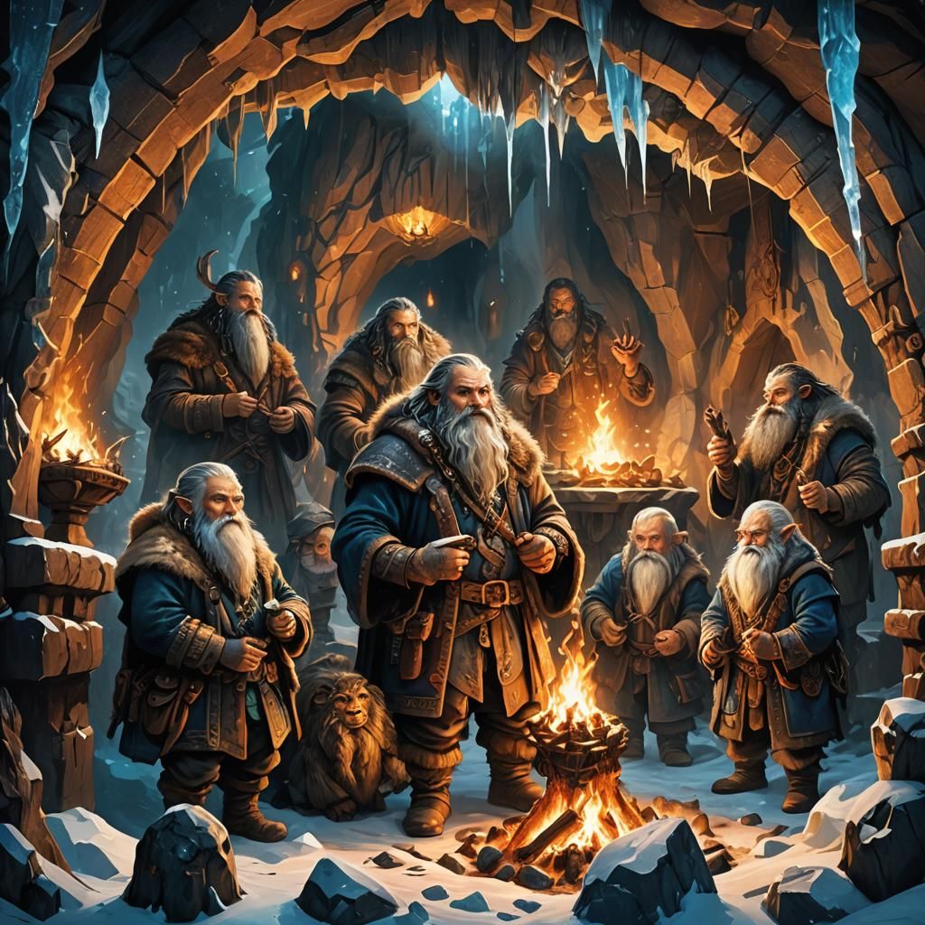 Arctic Dwarves Huddle in Snowy Cave, Cinematic Fantasy Art