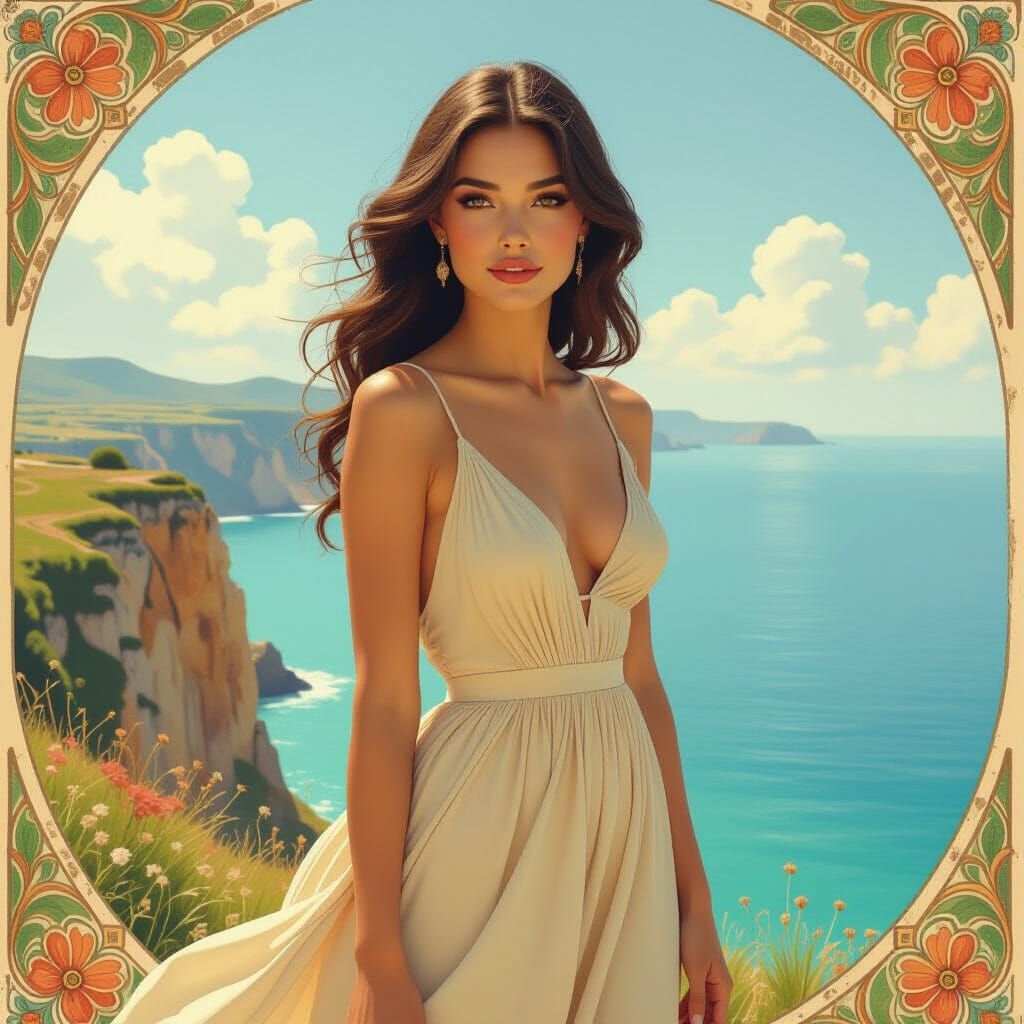 Woman Overlooking Sea as Art Nouveau Portrait