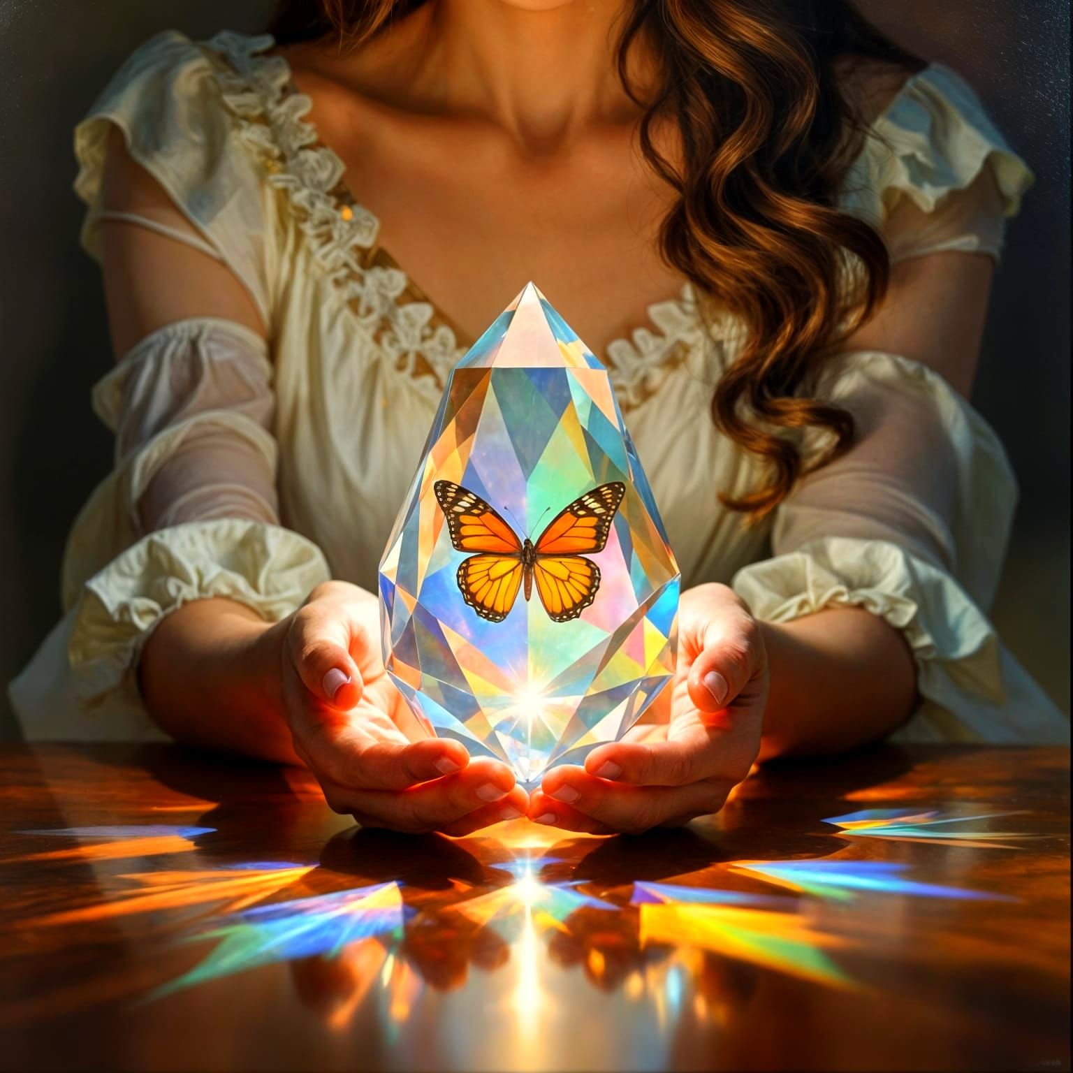 Woman with Crystal Prism in Pre-Raphaelite Style