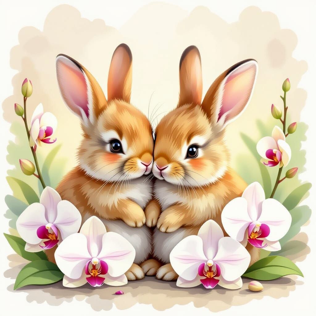 Bunnies and Orchids in Watercolor Illustration Style