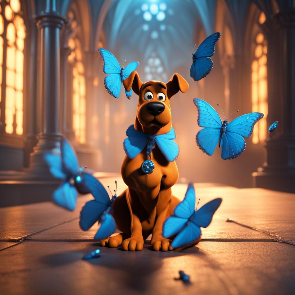 Scooby-Doo playing with blue butterflies