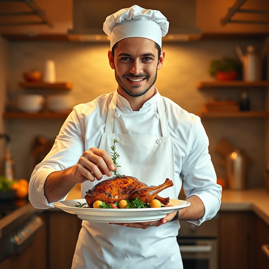 Hyperrealistic Chef Garnishing Feast in Contemporary Still L...