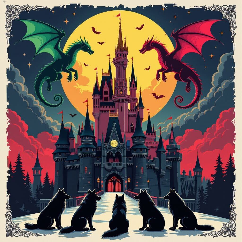 Dark Fantasy Christmas Castle with Wolves and Dragons