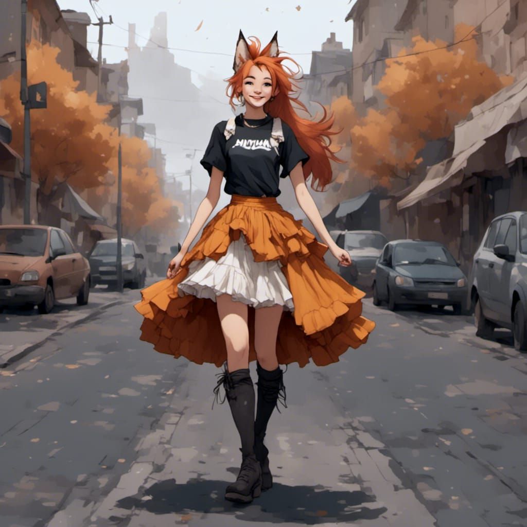 Fox-girl VIXEN cute tall boots, smiling big gleefully.