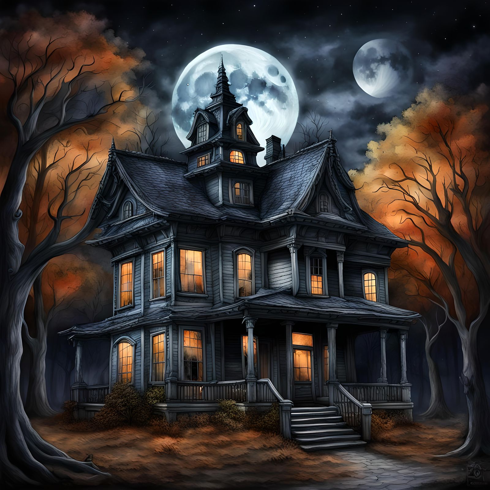 Haunted House in Spooky Forest Watercolor