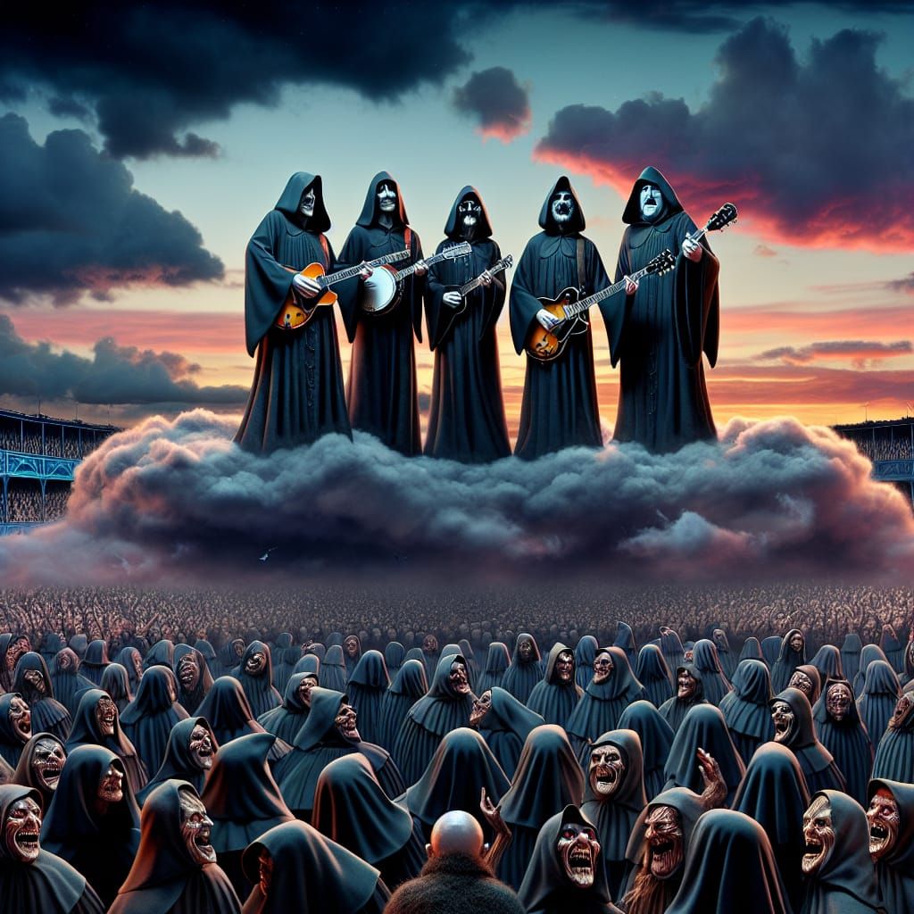 Grim Reaper Band on Cloud Stage, Hyperrealistic