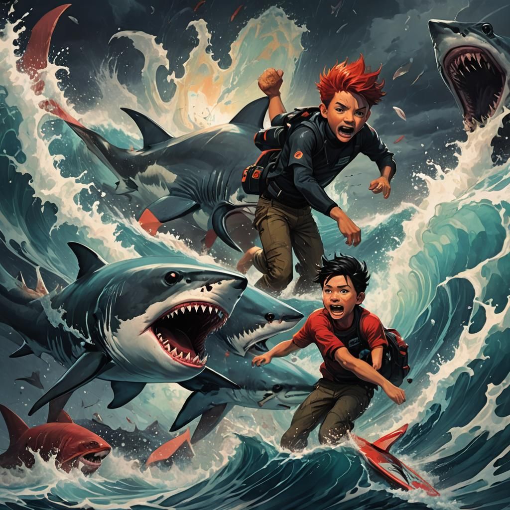 Boys Surf Shark in Dark Fantasy Ocean