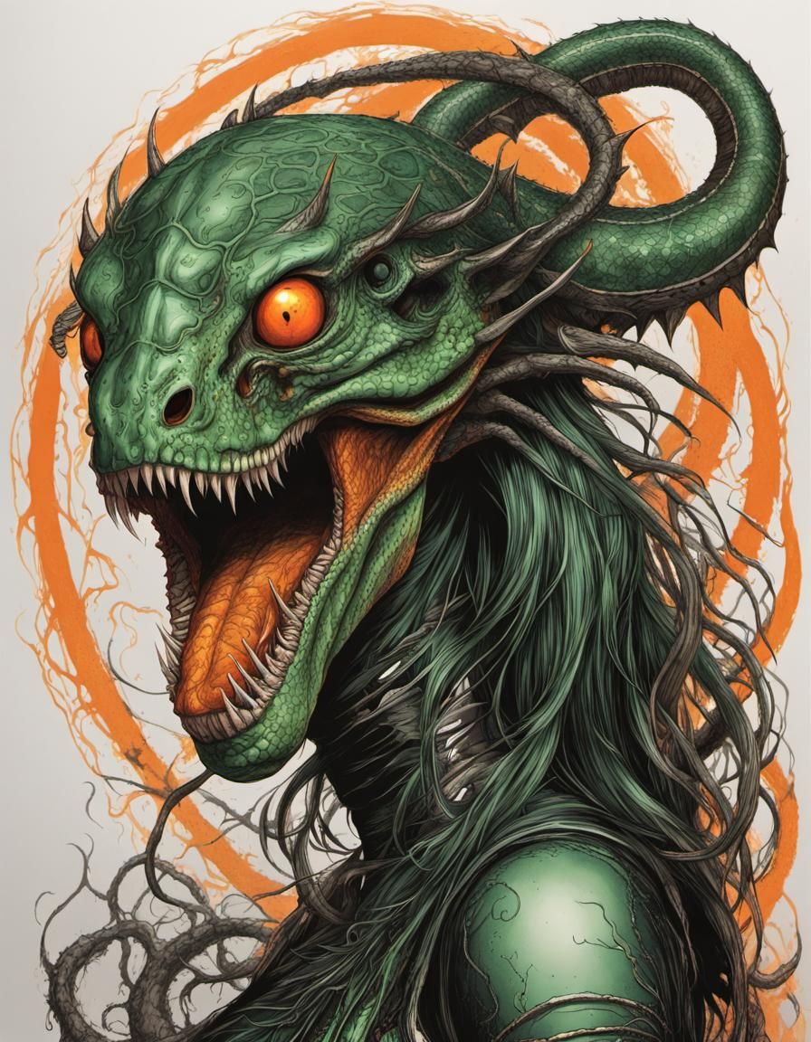 IMAX+horror:"Acid slither Queen" Prehistoric/Deep Green+chrome outlines;Extra sharp,sinister fine detail...